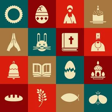 Set Easter eggs, cake and, Priest, Jesus Christ, rabbit, Hands in praying p.. Stock Illustration