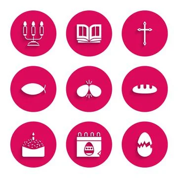 Set Easter eggs, Calendar with, Broken, Bread loaf, cake and candle, Christia Stock Illustration