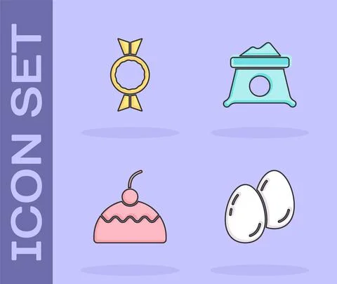 Set Easter eggs, Candy, Cake and Bag of flour icon. Vector Illustrazione stock