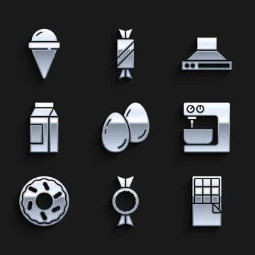 Set Easter eggs, Candy, Chocolate bar, Electric mixer, Donut, Paper package for Stock Illustration