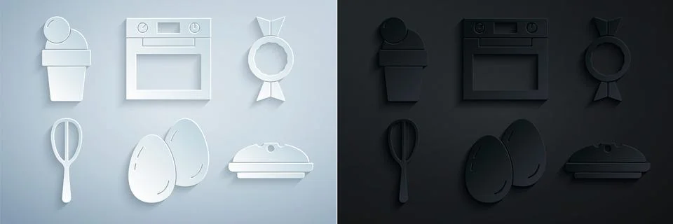 Set Easter eggs, Candy, Kitchen whisk, Homemade pie, Oven and Ice cream ico.. Stock Illustration