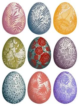 Set of Easter eggs colored icons with decoration patterns on White background. Ilustración de archivo