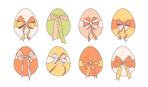 Set of Easter Eggs with Coquette Bows and Ribbons. Elegant Easter Egg Collection Stock Illustration