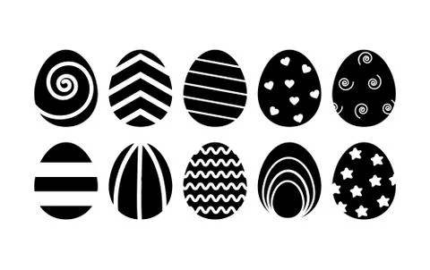 Set easter eggs with different pattern. black icons collection Stock Illustration