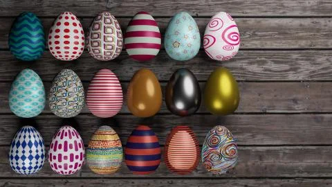 Set of easter eggs with different pattern isolated on white background with s Stock Illustration