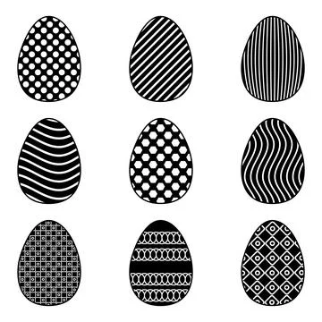 Set Easter eggs with different pattern on white background. Black icons Stock Illustration