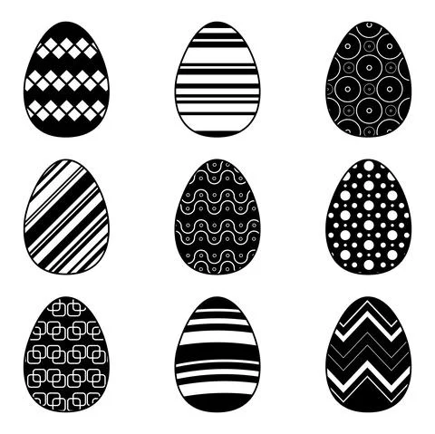 Set Easter eggs with different pattern on white background. Black icons 스톡 일러스트