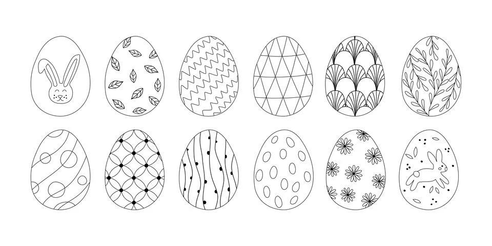 Set of Easter eggs with different patterns, doodle style flat vector outline for Stock Illustration