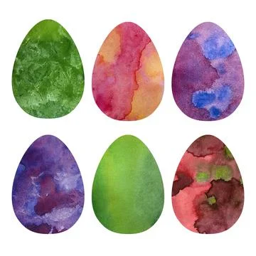 Set Easter eggs with different texture on white background. Watercolor Stock Illustration