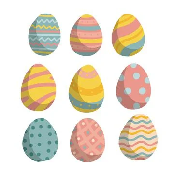 Set of Easter eggs with different texture isolated on a white background. Spring Stock Illustration