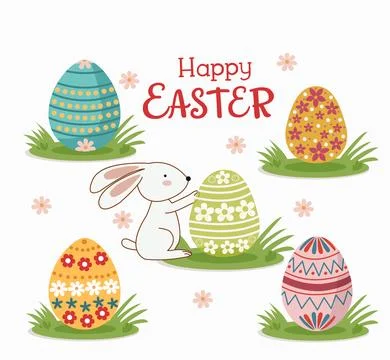 Set of Easter eggs with different textures on on grass Stock Illustration