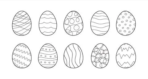 Set of Easter eggs in doodle outline style. Holiday food is Decorated with .. Stock Illustration