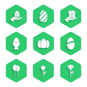 Set Easter eggs, Flower tulip, Broken, Balloons with ribbon, stand, Human hand Stock Illustration