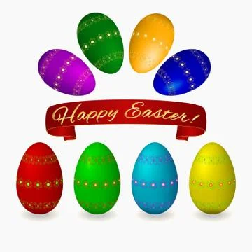 Set easter eggs with golden abstract ornament ribbon banner Illustrazione stock