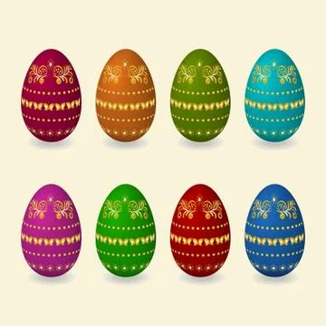 Set easter eggs with golden butterfly ornament Stock Illustration