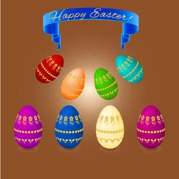 Set easter eggs with golden flowers, ribbon banner Stock Illustration