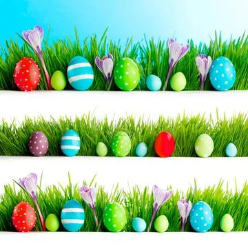 Set of easter eggs in grass Stock Photos