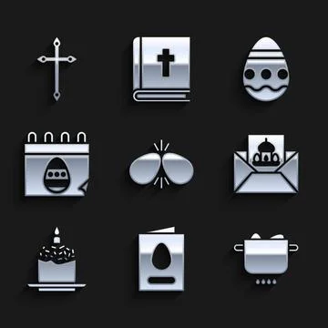 Set Easter eggs, Greeting card with Happy, Egg hot pot, cake and candle Stock Illustration
