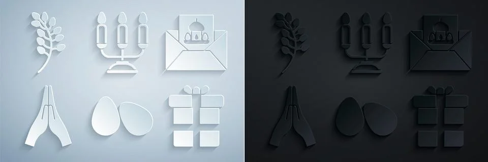 Set Easter eggs, Greeting card with Happy, Hands praying position, Gift box.. Stock Illustration