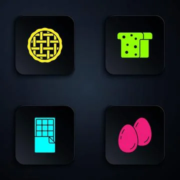 Set Easter eggs, Homemade pie, Chocolate bar and Bread toast. Black square Stock Illustration