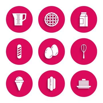Set Easter eggs, Hotdog sandwich, Stack of pancakes, Kitchen whisk, Ice cream in Stock Illustration