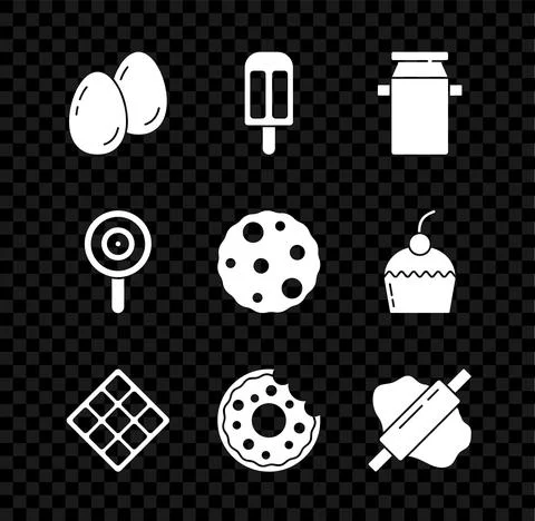 Set Easter eggs, Ice cream, Can container for milk, Waffle, Donut, Rolling pin Stock Illustration