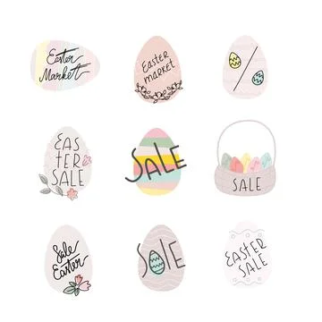 Set of easter eggs with lettering, basket for sale, market Advertising Stock Illustration