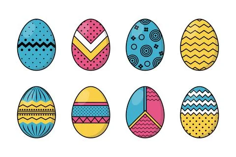 Set of Easter eggs with Memphis style geometric patterns and ornaments isol.. Stock Illustration