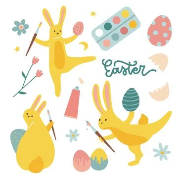 Set of Easter eggs painting design elements. Spring collection with paints and 스톡 일러스트