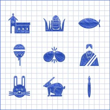 Set Easter eggs, rabbit, Paint brush, Jesus Christ, Balloons with ribbon Illustrazione stock