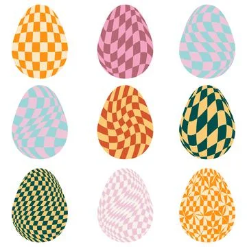 Set of Easter eggs with retro groovy patterns in 60s-70s style. Hippie Happy  Stock Illustration