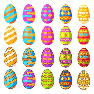Set of Easter eggs. Spring holiday. Different ornaments. Flat vector line. Stock Illustration