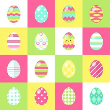 Set of Easter eggs with Stripes, Polka Dot and Chevron Patterns in Pink, Yellow Illustrazione stock