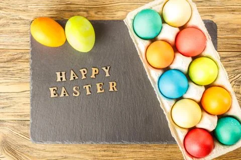 Set of Easter eggs, top view, place for text. Stock Photos
