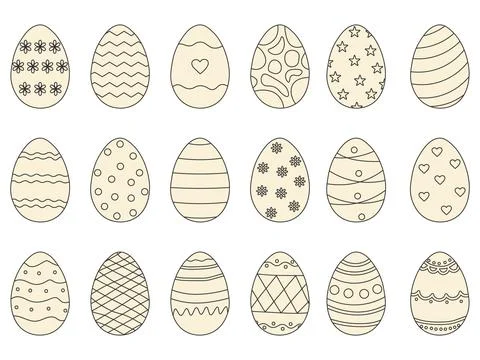 Set of Easter eggs with various linear ornaments including flowers, stars, .. Illustrazione stock