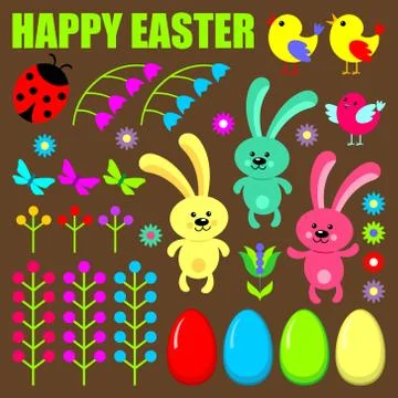 Set of easter eggs,animals and flowers. Stock Illustration
