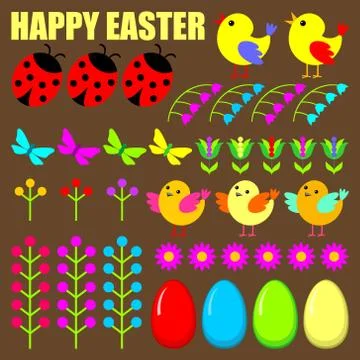 Set of easter eggs,animals and flowers. Stock Illustration