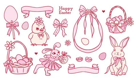 Set of Easter elements and characters with pink bows, ribbons. . Simple contour Illustrazione stock