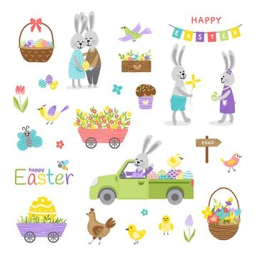 Set of Easter elements. Bunny, egg, flower, basket, bird, car, flag, chick. Flat Illustrazione stock
