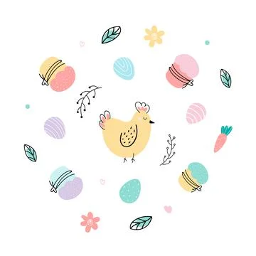 Set with Easter elements eggs, chicken, cake. Illustrazione stock