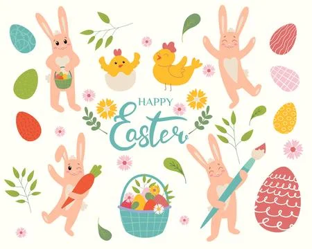 Set of Easter elements. Eggs, chicken, rabbits, flowers, branches, basket. .. Illustrazione stock