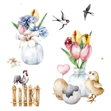 Set of Easter elements. Flowers, chik, egg clip art Hand painting cute farm i Stock Illustration