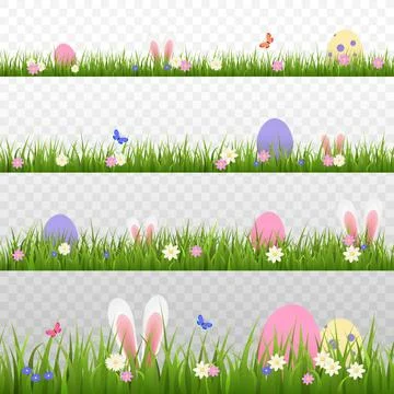 Set of Easter green grass borders with colored eggs and rabbit's ears flat .. Stock Illustration