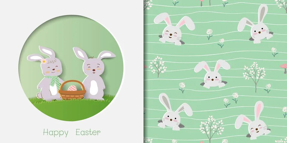 Set of Easter greeting card with cute rabbits and seamless pattern on wavy ba Illustrazione stock