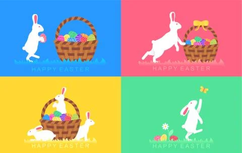 Set easter greeting card with easter rabbit and bunny with colored eggs Stock Illustration