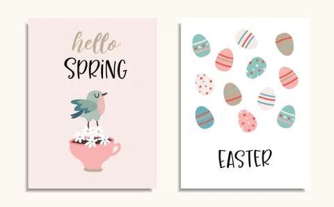 Set of Easter greeting cards, invitations with bird, cup of coffee, flowers and Stock Illustration