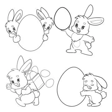 Set of easter hares with eggs, drawn in black line, all on separate layers Stock Illustration