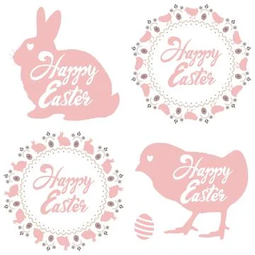 Set of Easter holiday decor stickers. Vector bunny and chicken illustration Stockillustratie