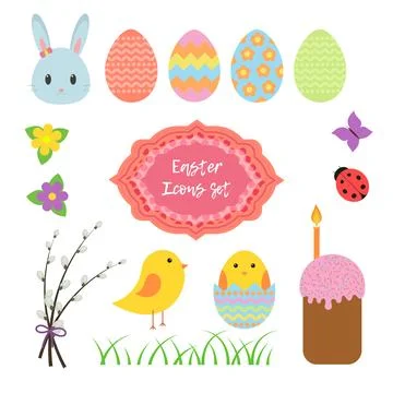 Set of easter icons in flat style isolated on white background Stock Illustration