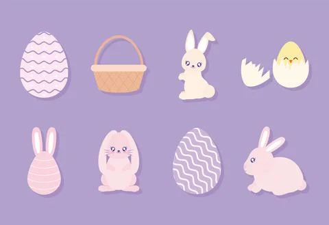 Set of easter icons on a purple background Illustrazione stock